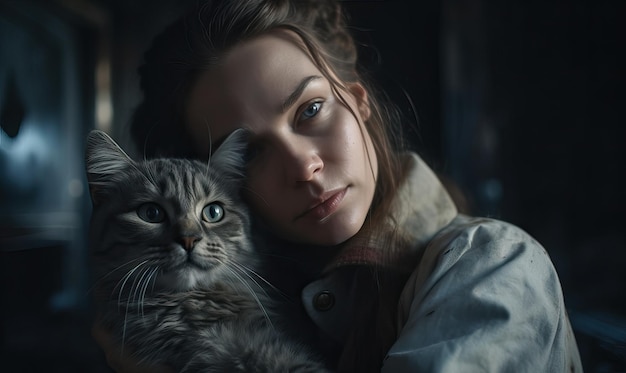 Jeune femme dans une veste de travail rugueuse étreint doucement son chat tigré gris