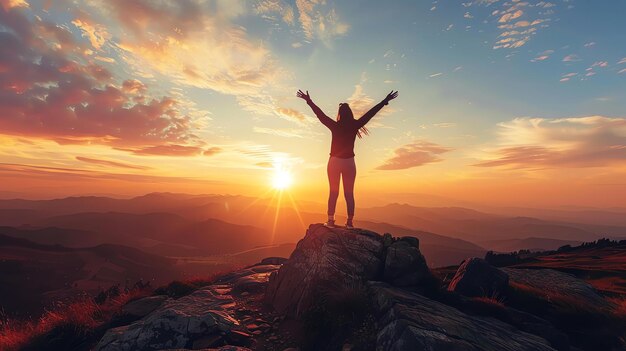 Une jeune femme debout au sommet d'une montagne avec les bras levés en l'air appréciant la vue du coucher de soleil