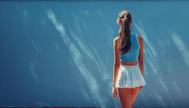 Jeune femme debout contre un mur bleu vue de derrière Style de vie et loisirs