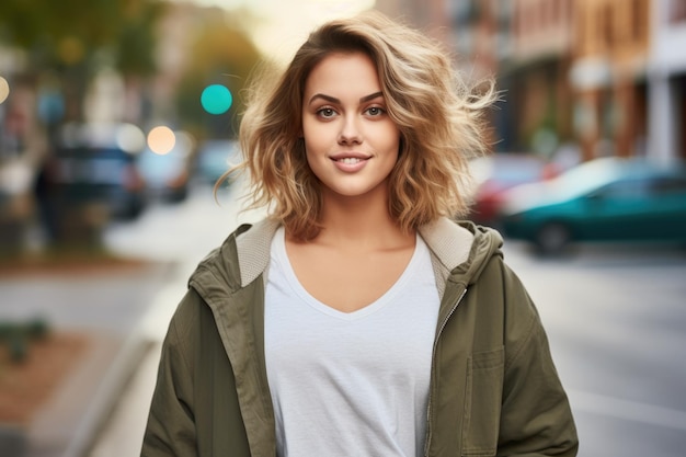 Une jeune femme debout dans la rue de la ville.