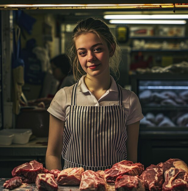 Photo une jeune femme debout derrière la viande dans le boucherie