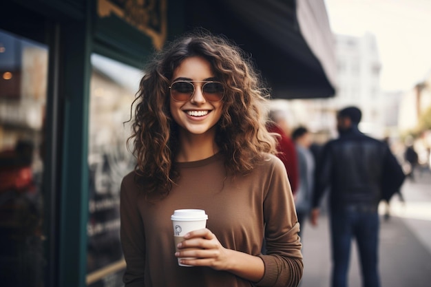 Une jeune femme debout devant un café tenant une tasse de café
