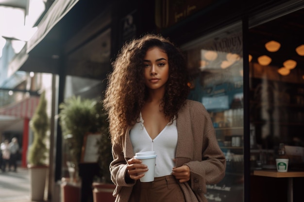 Une jeune femme debout devant un café tenant une tasse de café