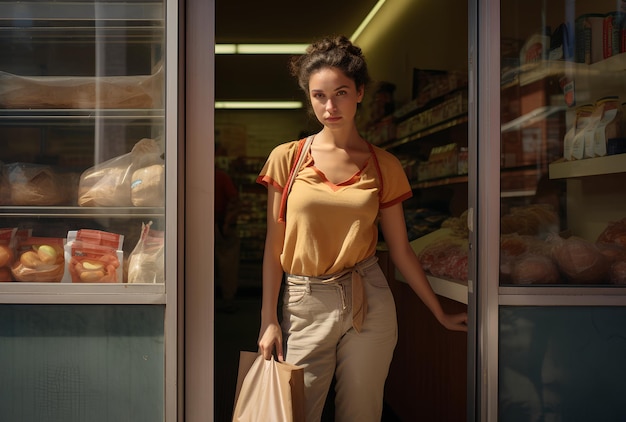 une jeune femme debout devant une épicerie avec un chariot d'achat