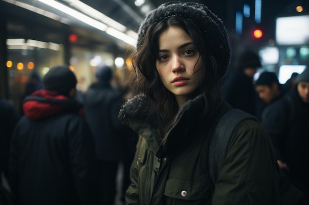 une jeune femme debout devant une foule de gens