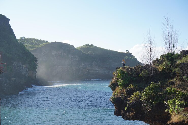 Photo une jeune femme debout sur une falaise au bord de la mer