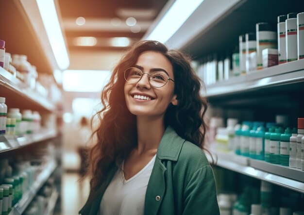 Jeune femme debout et à la recherche de médicaments sur les étagères de la pharmacie Generative AI