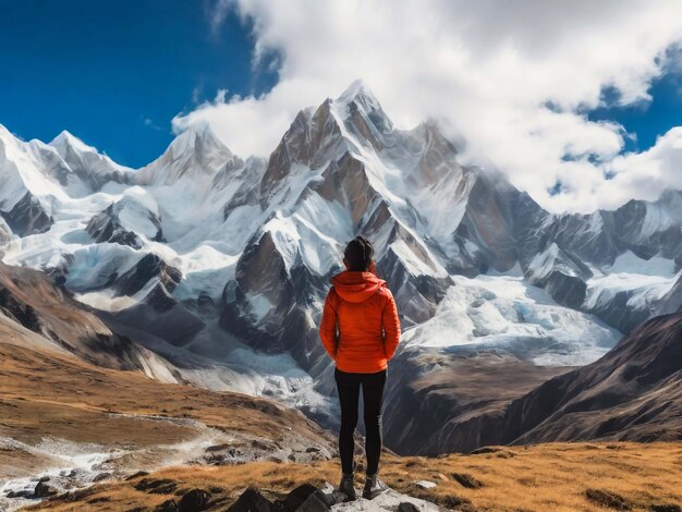 Une jeune femme debout avec un sac à dos sur la pierre et regardant les montagnes dans les nuages au coucher du soleil Landsca