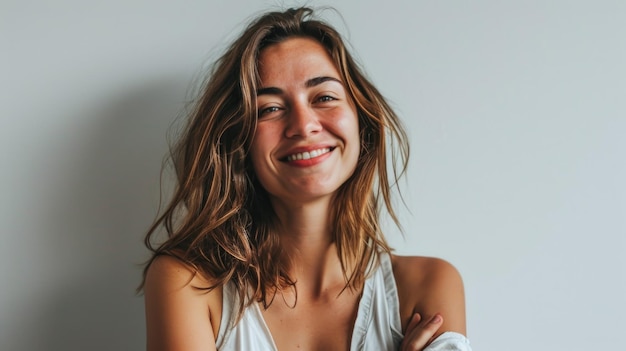 Une jeune femme décontractée avec des cheveux ondulés et un tank top blanc souriante