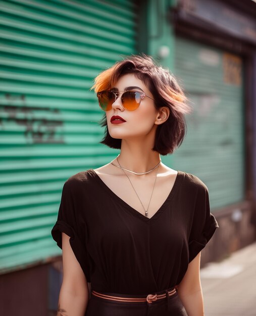 Photo une jeune femme décontractée et élégante en vêtements noirs et lunettes de soleil à l'extérieur