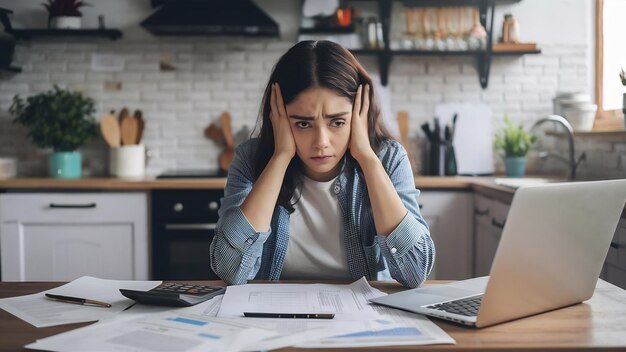 Une jeune femme décontractée qui a l'air déprimée tout en gérant les finances de la famille et en faisant de la paperasse.