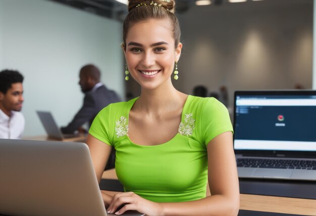 Une jeune femme décontractée travaillant sur son ordinateur portable sourit et a l'air détendue dans un bureau.