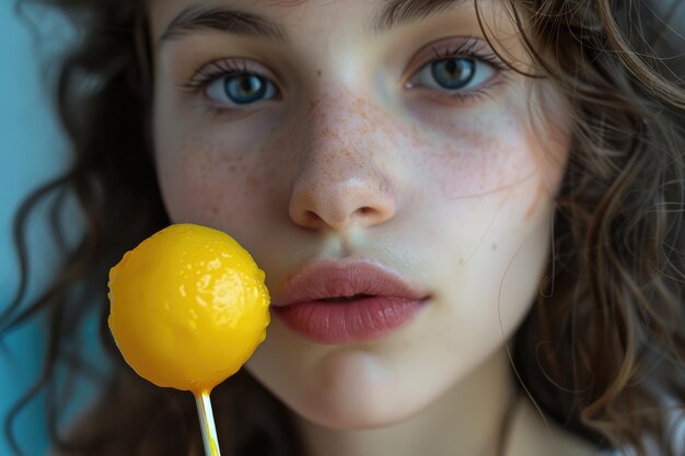 Photo une jeune femme dégustant un gâteau jaune pendant les fêtes, des bonbons et des délicieux.