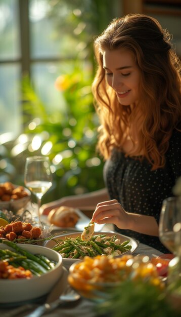 Photo une jeune femme dégustant un repas à une table lumineuse.