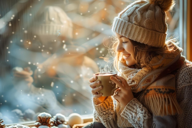 Une jeune femme déguste une boisson chaude à la fenêtre d'une maison confortable avec des flocons de neige Scène de vie hivernale chaude