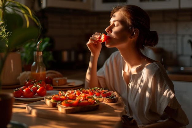 Une jeune femme déguste une bruschette saine avec les yeux fermés dans la cuisine.