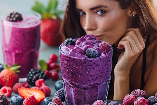 Une jeune femme déguste un smoothie de baies fraîches avec des ingrédients biologiques dans une cuisine moderne