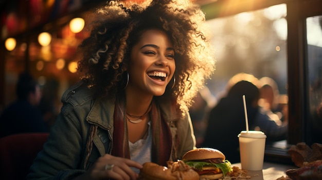 Photo une jeune femme déjeune dans un café.