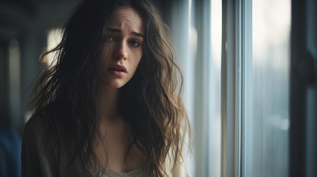 Une jeune femme déprimée près de la fenêtre à la maison en gros plan
