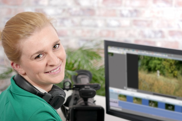 Jeune femme designer à l'aide d'un ordinateur pour le montage vidéo