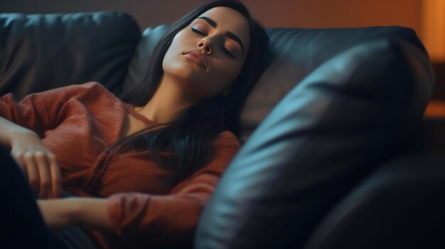 Une jeune femme détendue, sereine, jolie, se sent fatiguée, allongée sur un canapé confortable, les mains derrière la tête, à la maison.