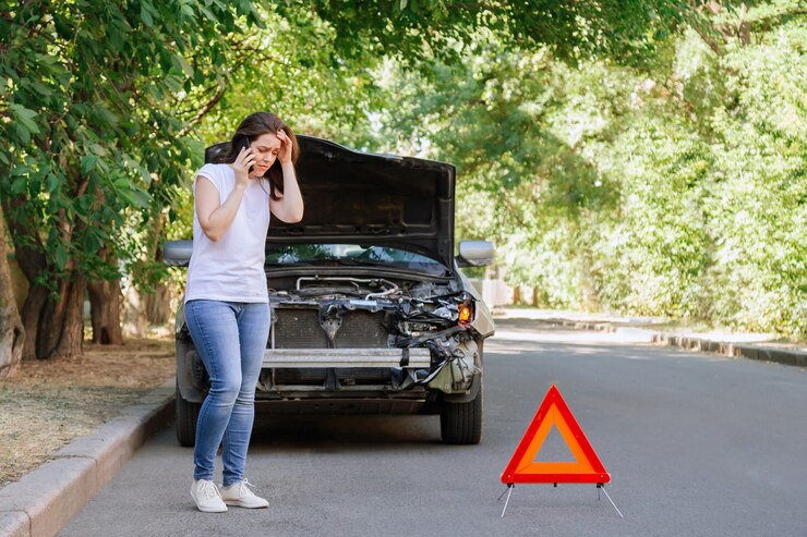 Photo jeune femme devant une voiture cassée dans un accident de voiture. téléphone de femme appelant à l'aide et à l'assurance après un accident de voiture sur la route avec le panneau d'arrêt du triangle de circulation.