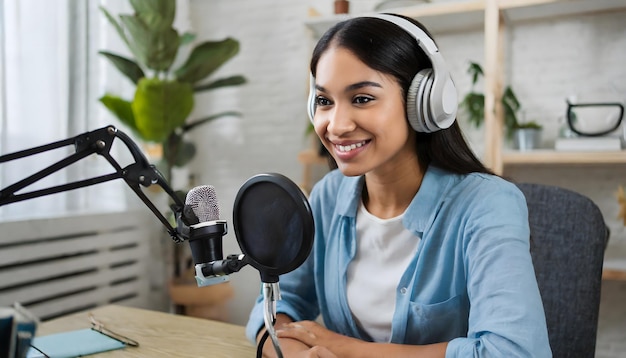 Photo une jeune femme diffusant un podcast