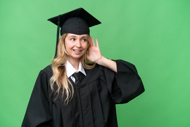 Jeune femme diplômée d'anglais universitaire sur fond isolé écoutant quelque chose en mettant la main sur l'oreille