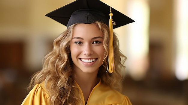 Photo une jeune femme diplômée sur fond de diplômés universitaires