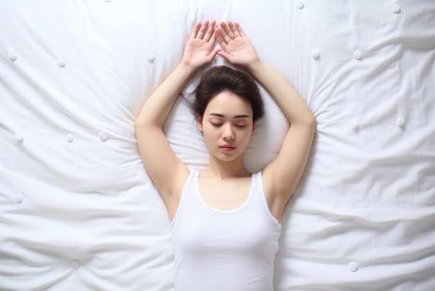 Une jeune femme dormant sur un lit blanc