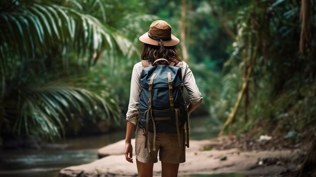 Une jeune femme sur le dos avec un sac à dos en vacances dans la nature