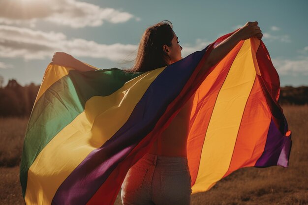 Jeune femme avec un drapeau arc-en-ciel dans sa main concept de liberté