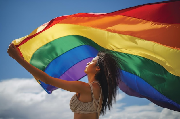 Jeune femme avec un drapeau arc-en-ciel dans sa main concept de liberté