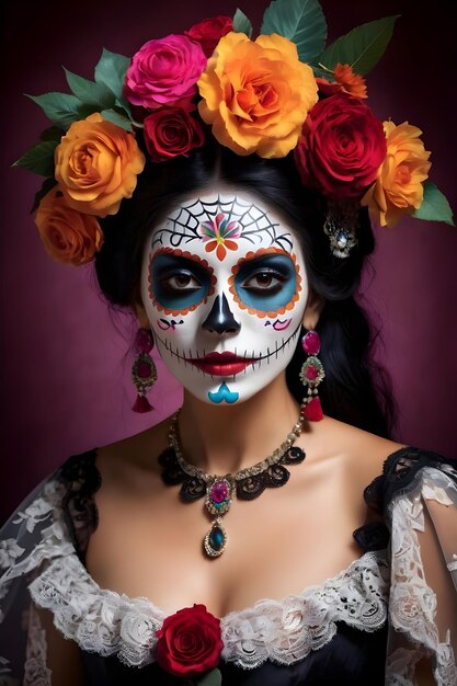 Jeune femme avec du maquillage de crâne en sucre et des fleurs dans les cheveux