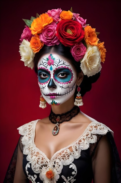 Jeune femme avec du maquillage de crâne en sucre et des fleurs dans les cheveux