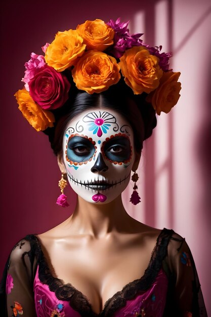 Jeune femme avec du maquillage de crâne en sucre et des fleurs dans les cheveux