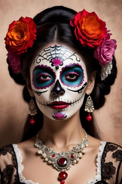 Jeune femme avec du maquillage de crâne en sucre et des fleurs dans les cheveux