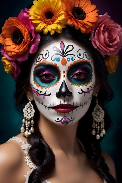 Jeune femme avec du maquillage de crâne en sucre et des fleurs dans les cheveux