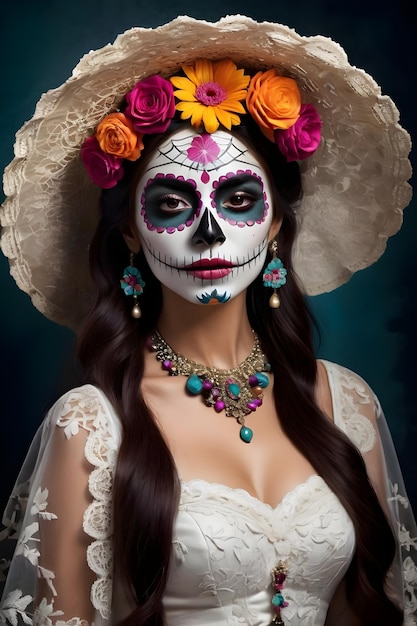 Jeune femme avec du maquillage de crâne en sucre et des fleurs dans les cheveux