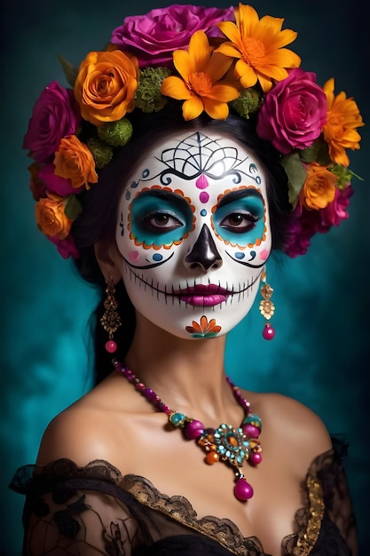 Jeune femme avec du maquillage de crâne en sucre et des fleurs dans les cheveux