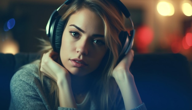 Jeune femme écoutant de la musique dans un cadre intérieur confortable généré par l'IA