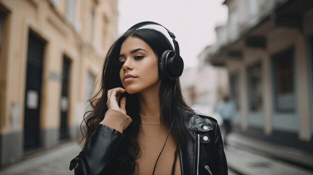 Une jeune femme écoutant de la musique avec des écouteurs en ville.