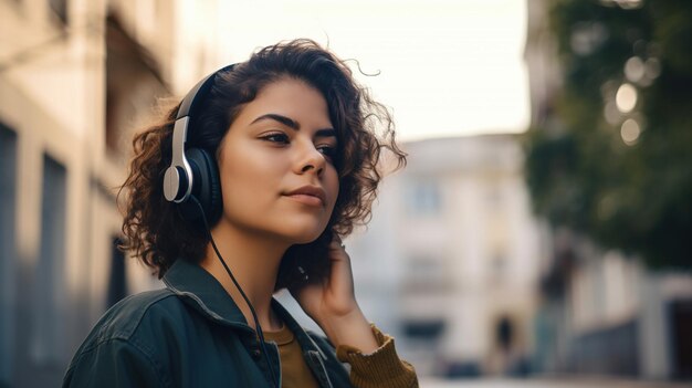 Une jeune femme écoutant de la musique avec des écouteurs en ville.