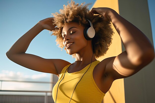 Une jeune femme écoutant de la musique avec des écouteurs