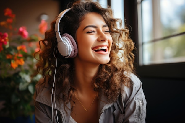 Une jeune femme écoute de la musique avec des écouteurs.