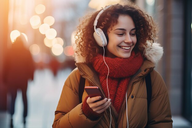 Une jeune femme avec des écouteurs se promène dans la rue d'une ville nocturne en écoutant sa musique préférée via une application en ligne pour smartphone