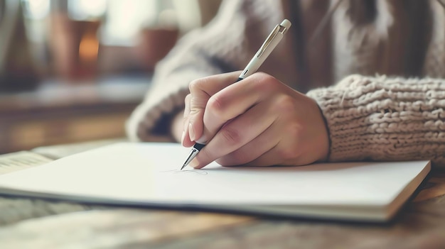 Une jeune femme écrit dans son journal elle est assise à une table en bois dans un café la lumière de la fenêtre brille sur sa main