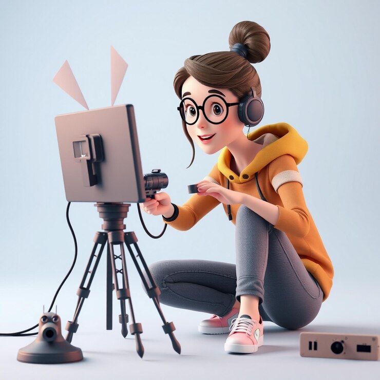 Photo une jeune femme édite une vidéo d'illustration de personnages en 3d