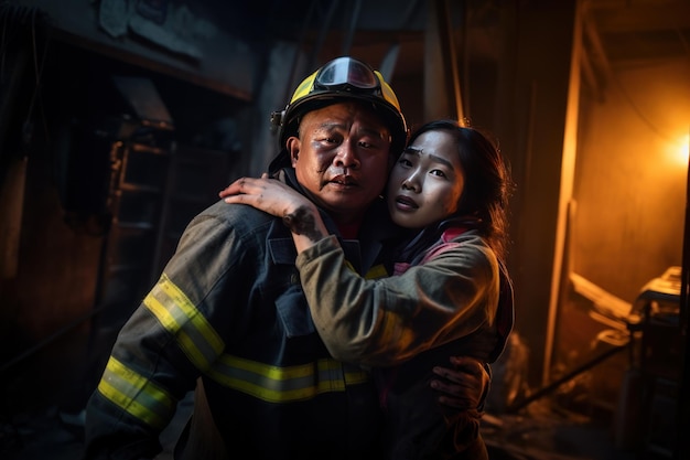 Une jeune femme effrayée embrasse un brave pompier qui sauve une fille de l'incendie lors d'une opération de sauvetage dans la rue.