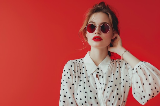 Une jeune femme élégante en blouse à pointes blanches avec des lunettes de soleil